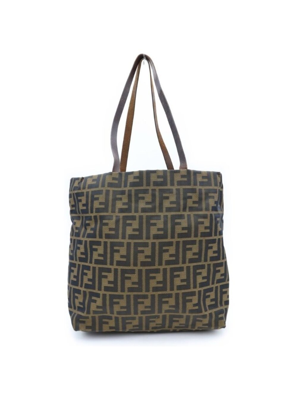 Fendi Zucca Pattern Nylon Tote Bag All Over Print Logo Leather Brown